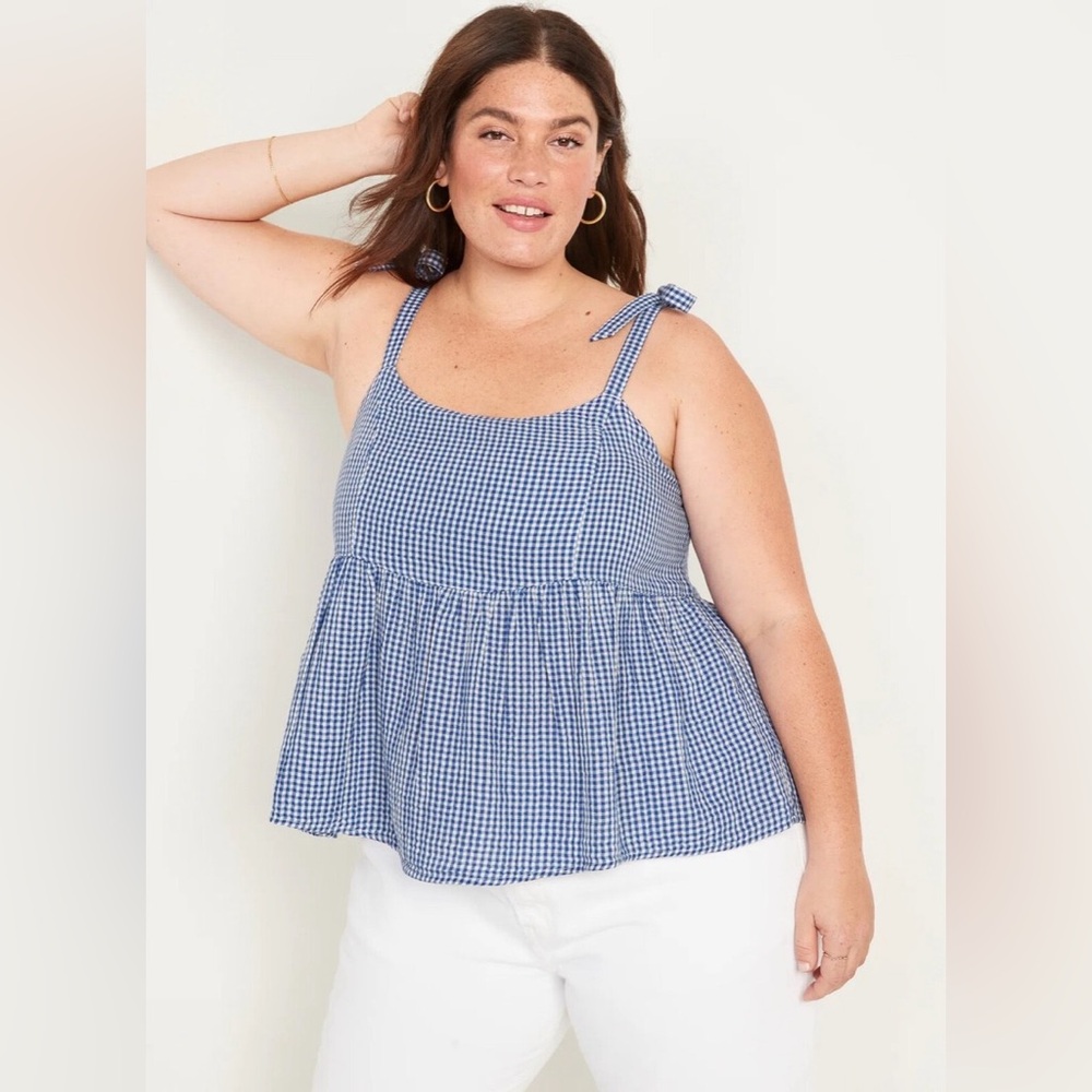 Old Navy Tie-Shoulder Smocked Gingham Cami Babydoll Swing Blouse